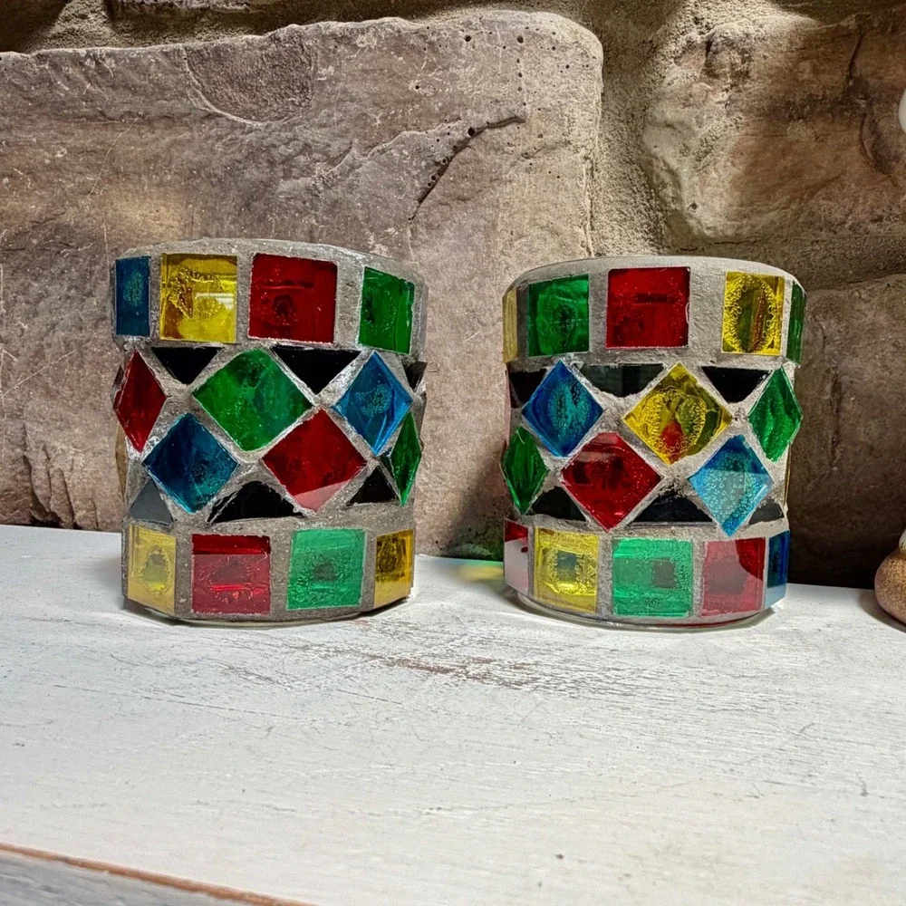 KIG Mosaic Glass Votive Candle Holders Set of 2 Multicolored Stained Glass Style
